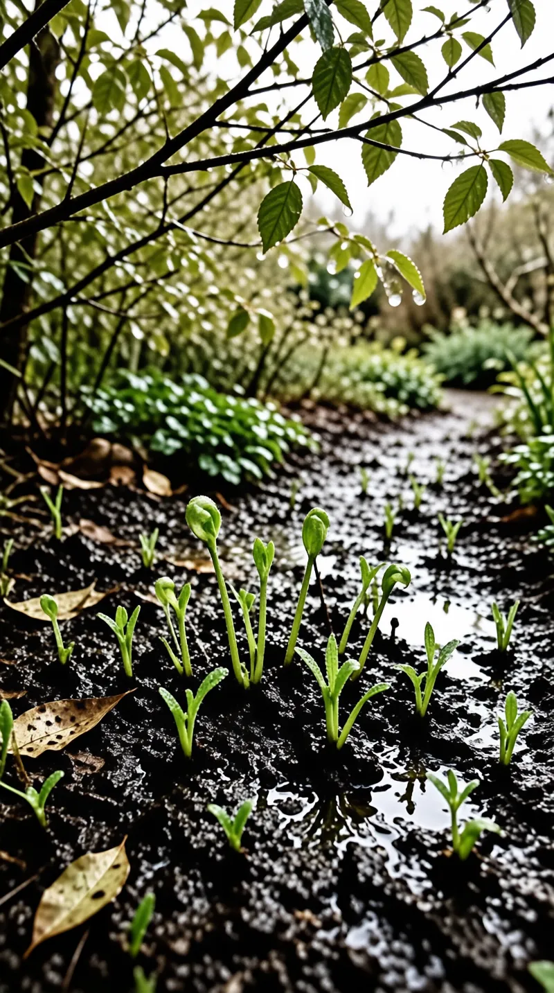 Tiny green sprouts rise from puddled earth under overhanging tree branches.