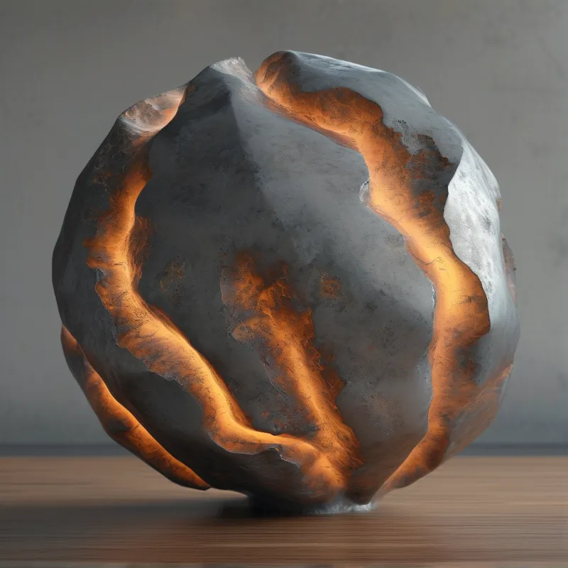 A rounded metallic object with glowing orange cracks rests on a wooden surface against a neutral gray wall.