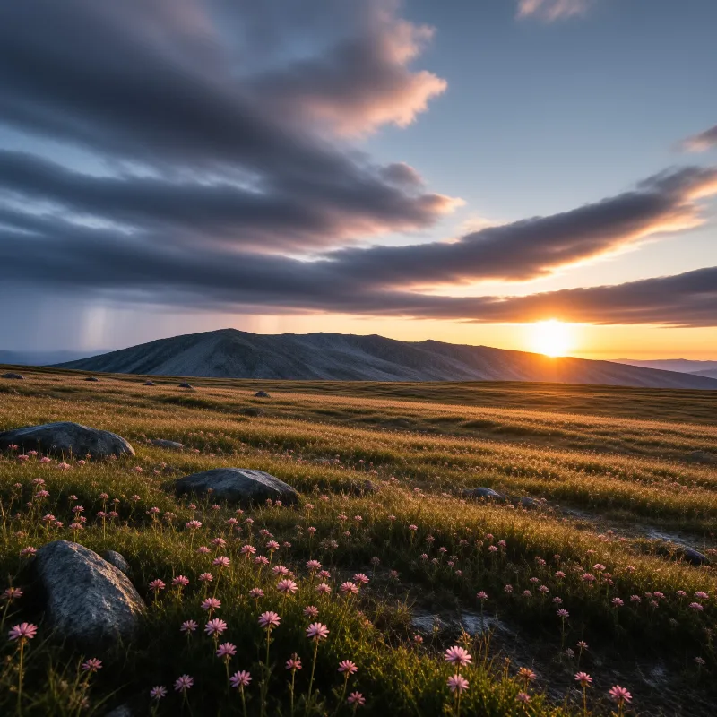 Low sun spills gold across a windswept mountain meadow where pink blooms and grey boulders sit beneath heavy cloud