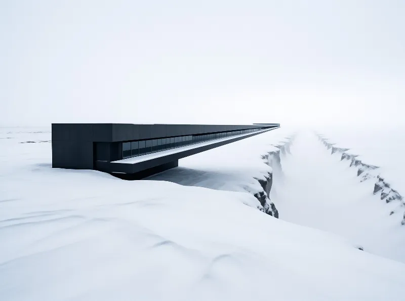 A long dark building bridges a crevasse in a white frozen landscape, its windows reflecting the flat light of a whiteout.
