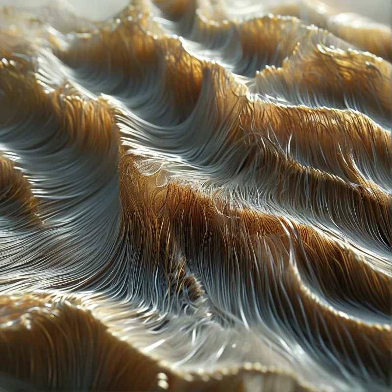 Detailed view of layered golden and white fibers curving in soft light.