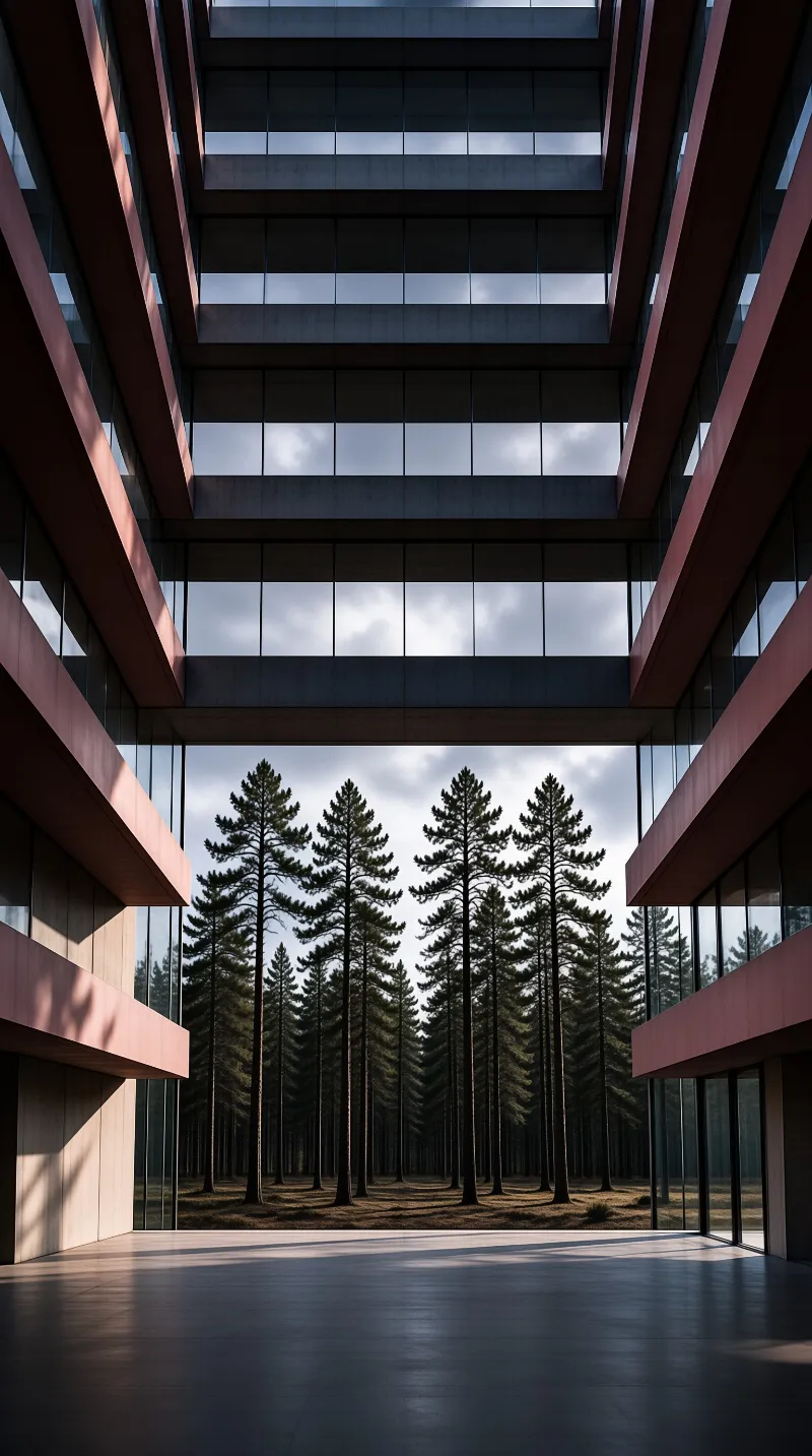 A symmetric modern building atrium with red accents looks out onto a dense stand of tall pine trees under a cloudy sky.