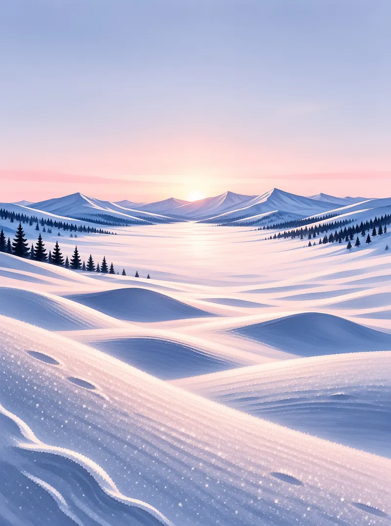 Illustrated drifts of blue and pink snow roll toward jagged white peaks as the sun sets in a gradient sky