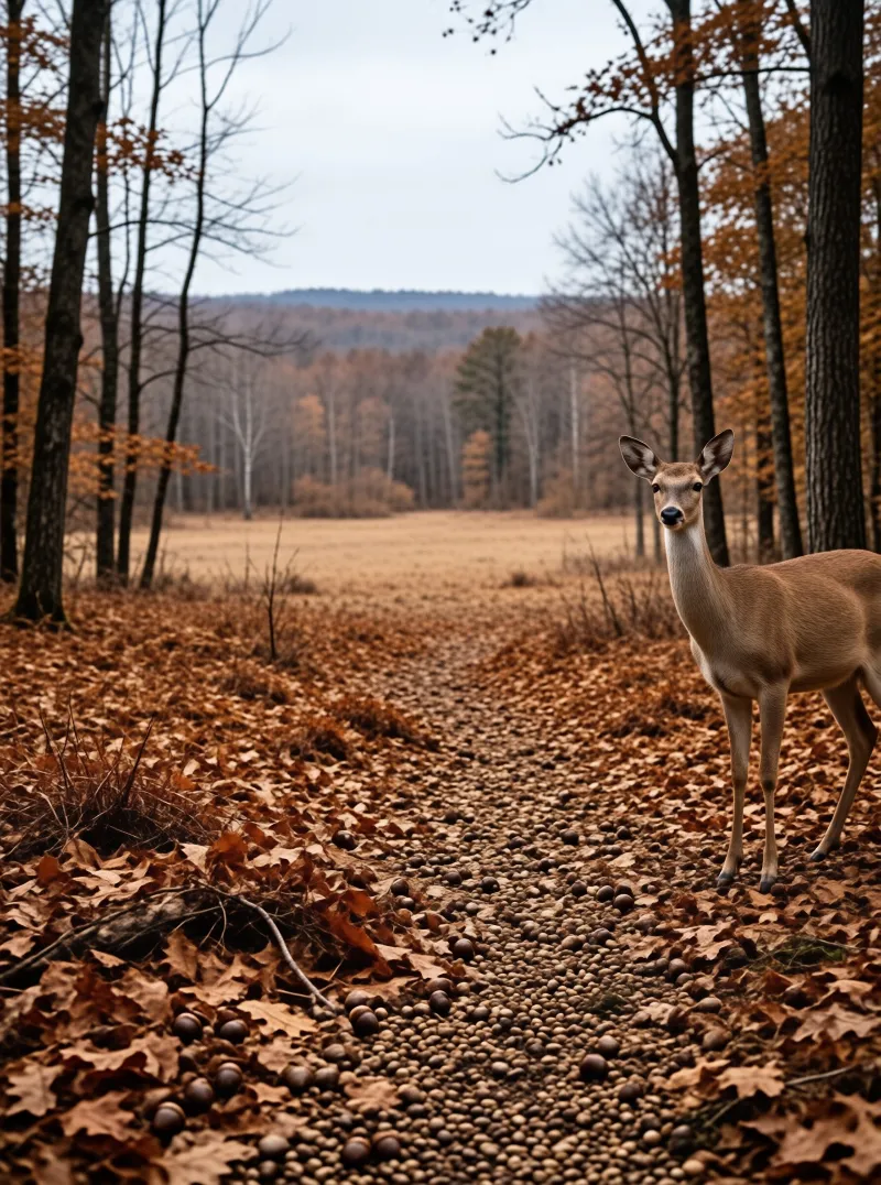 A white-tailed deer stands on a forest path covered in acorns and leaves under soft autumn light.
