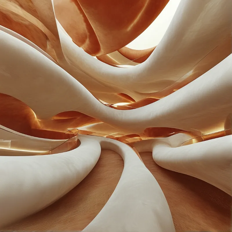Cream and orange surfaces twist to form a dynamic interior space lit by soft golden sunlight filtering through layers.