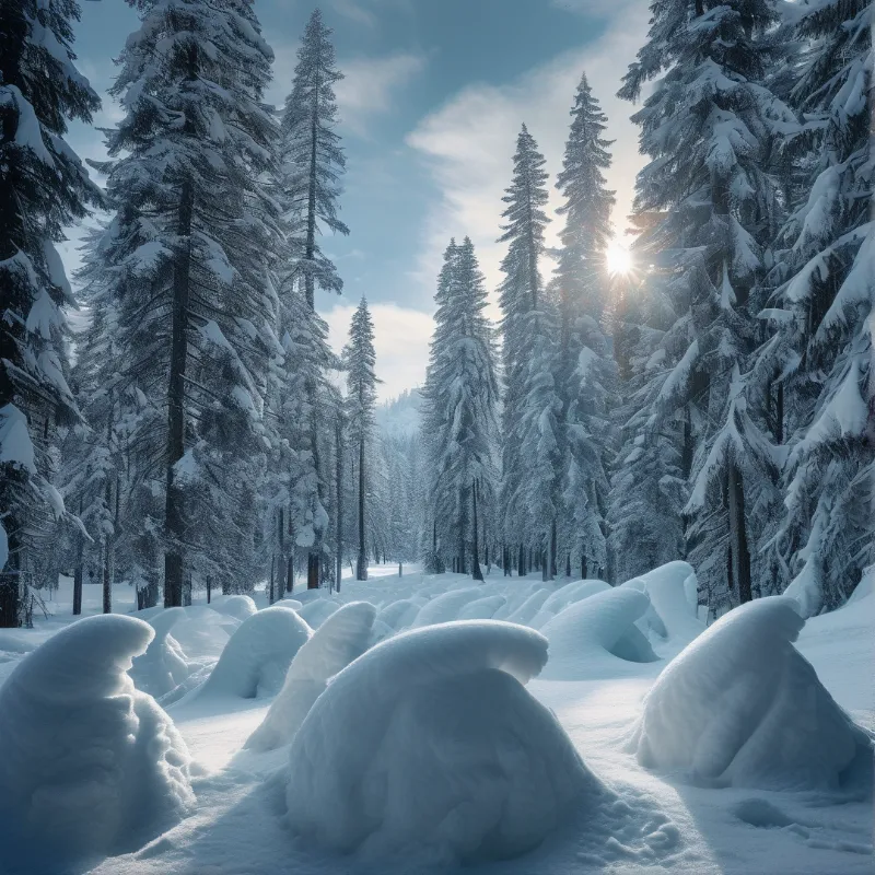 Tall pine trees covered in thick snow stand in a sunlit winter forest landscape.