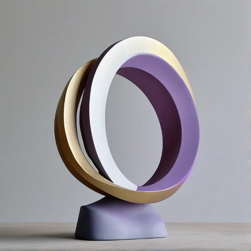 Modern abstract sculpture with interlocking gold, white, and purple rings lit softly against a grey background.