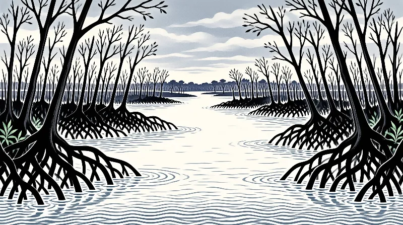 Stylized illustration of black mangrove trees and roots growing in a blue river leading to a cloudy sky.