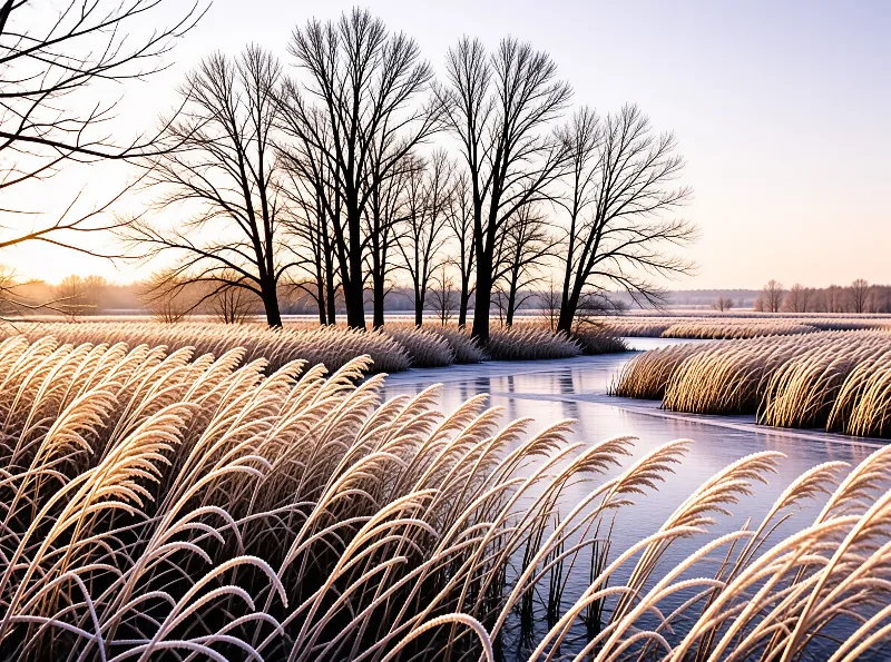 Tall grasses coated in white frost stand beside a winding frozen stream while bare trees silhouette against a pale sky.