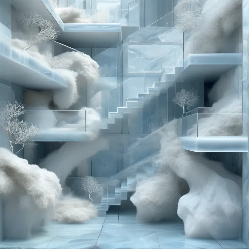Surreal glass platforms and staircases float amidst fluffy white clouds and bare trees within a cool blue space.