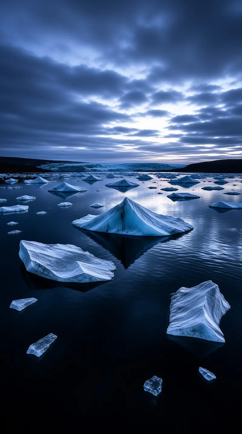 Large chunks of blue ice float on the surface of a calm dark lake beneath a cloudy twilight sky.