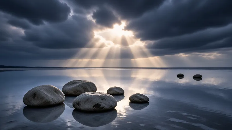 Polished boulders rest on glassy water while dramatic rays cut through heavy clouds toward the horizon