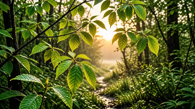 Young green branches dotted with raindrops glow backlit by the setting sun over a wet forest path.