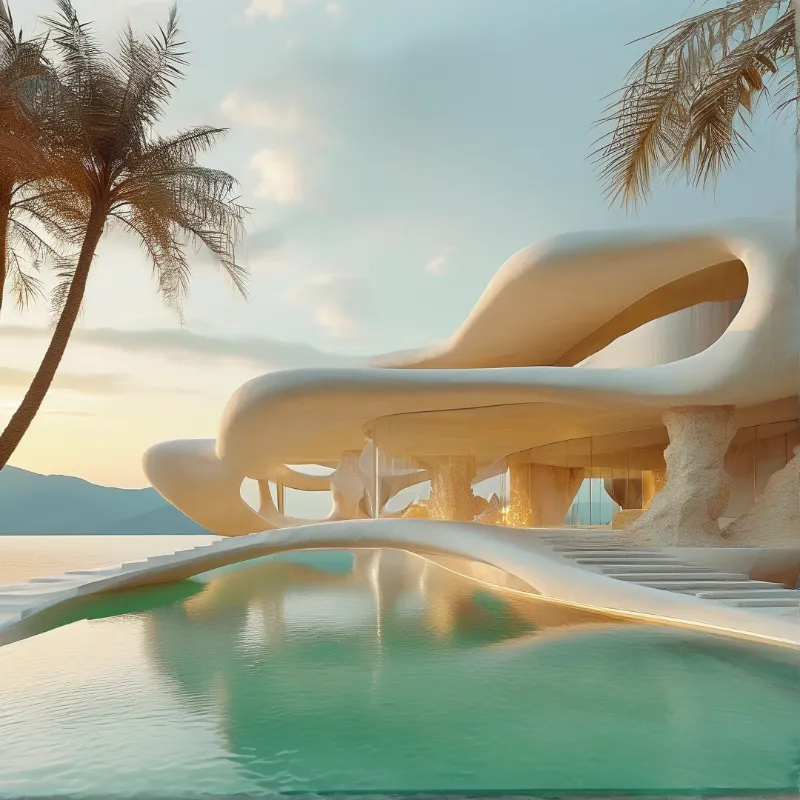 Curving white organic villa above a green pool with palm trees and distant mountains in warm evening light.