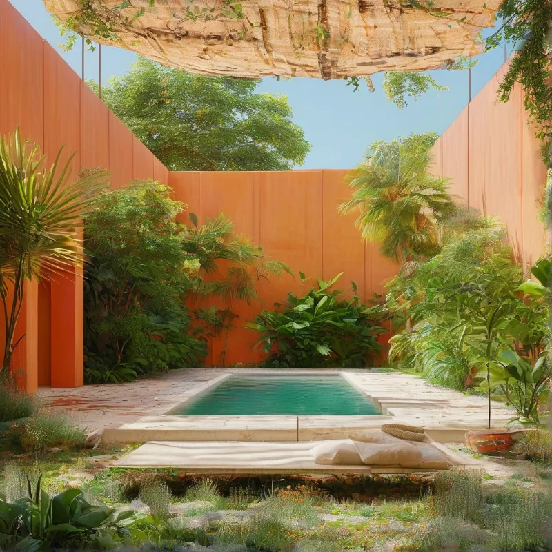 A narrow jade pool rests between rust colored panels and dense tropical planting with a cushioned daybed in front
