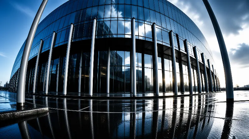 A low angle view of a curved modern building with silver columns and blue glass reflecting on wet pavement.