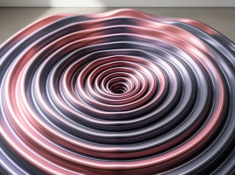 A shiny metallic spiral funnel with rose gold tones sits on a blurry beige surface.