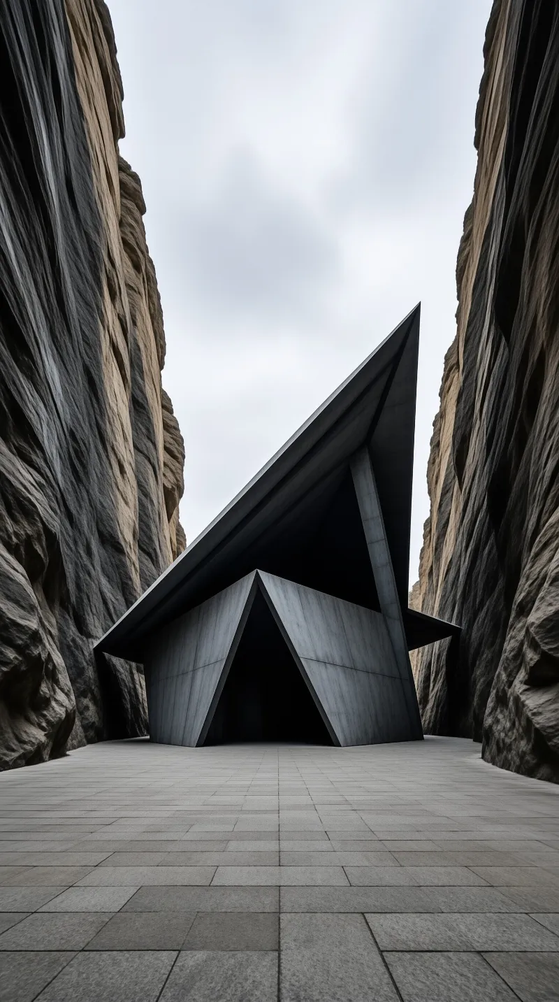 A sharp angular metallic shelter with a folded roof sits on a paved floor between towering canyon rock walls