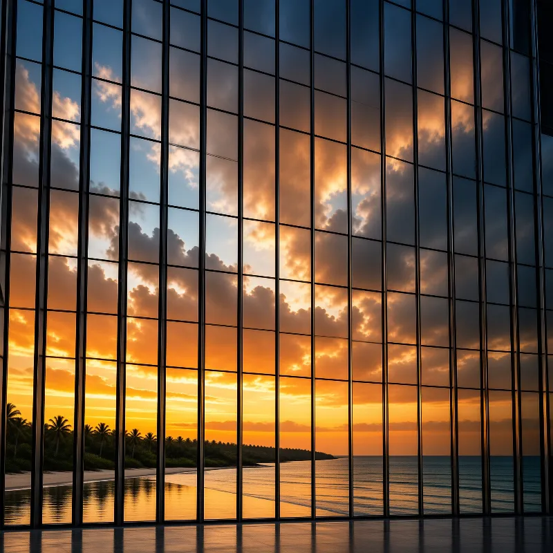 A grid of large rectangular windows frames a vibrant orange sunset sky, calm ocean water, and a tropical shoreline of palm trees.