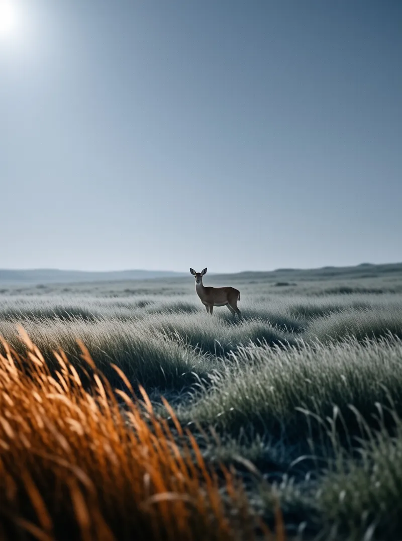 A small deer stands alert among silvery grass tufts under a hazy sky, with amber blades glowing in the foreground.