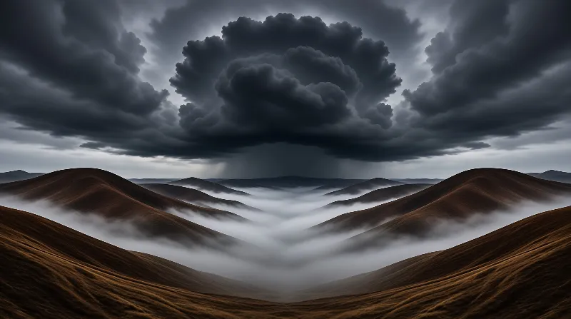 A heavy dark cloud sits above brown grassy hills where low white fog fills the valleys between the slopes