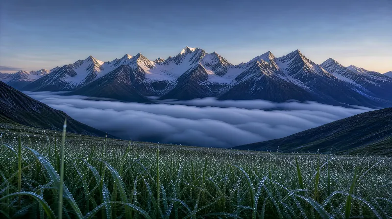 A field of dew-covered grass sits before a range of snow-capped alpine mountains with clouds filling the valley below in soft dawn light