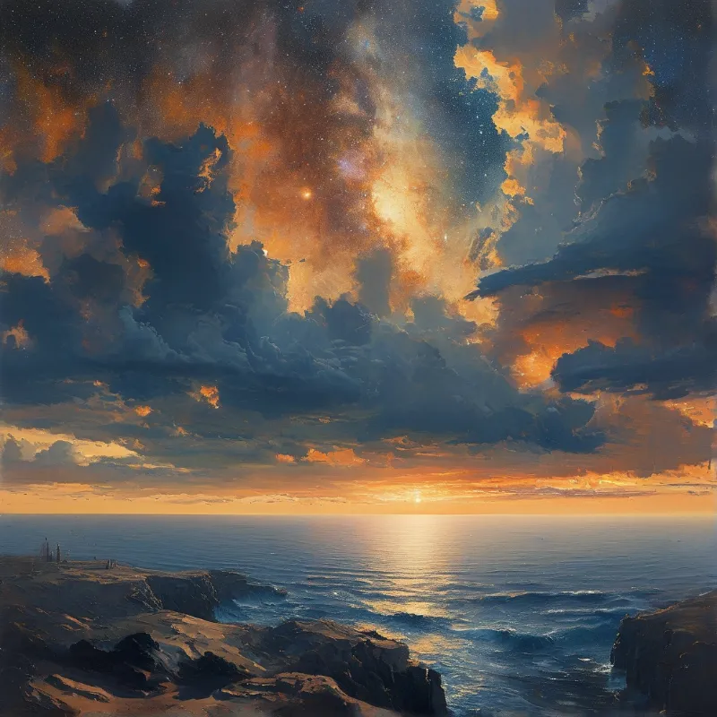 A painterly view of the sea at dawn with bright orange sun breaking through dark blue clouds and stars visible above rocky shores.