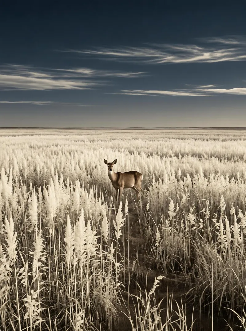 A deer stands in a vast field of tall, pale grass beneath a dark, cloud-streaked sky, creating a serene and expansive scene