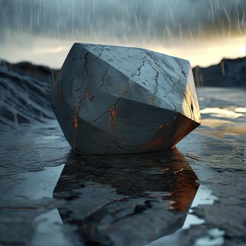 A massive geometric rock with internal orange cracks rests on a wet surface mirroring the golden horizon during a downpour.