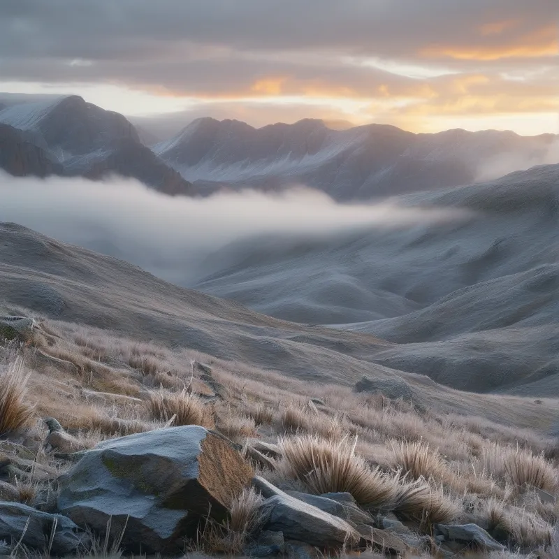 Vast frozen landscape showing dry grass in front of misty hills bathed in warm sunrise colors.