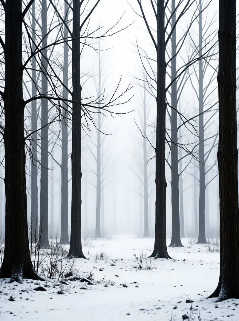 Tall dark tree trunks rise from a snowy ground while thick white fog fades into the background.