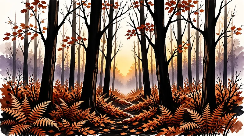 Warm light glows at the end of a leafy trail flanked by dark trunks and rust colored ferns.