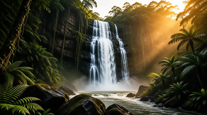 Sunlit Tropical Waterfall