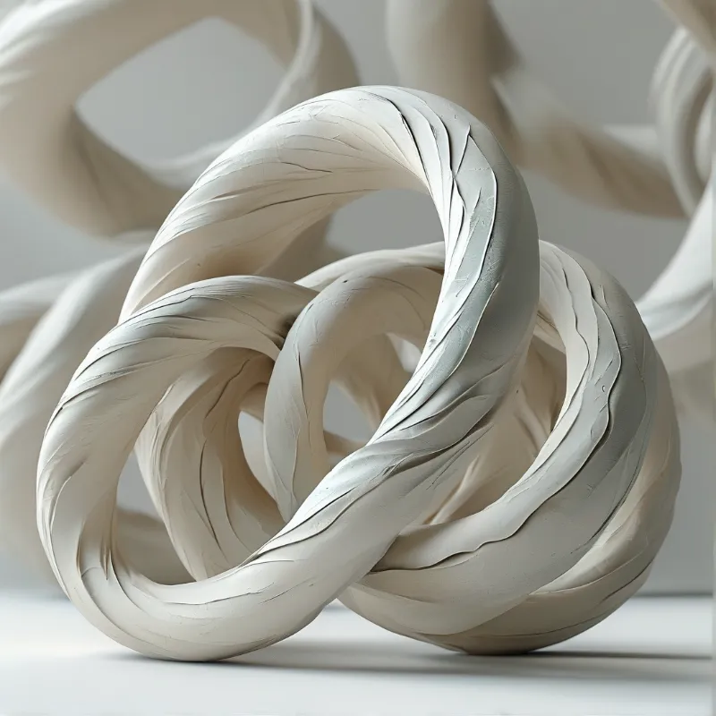 A smooth white abstract form loops into a complex twisted knot under soft studio lighting.