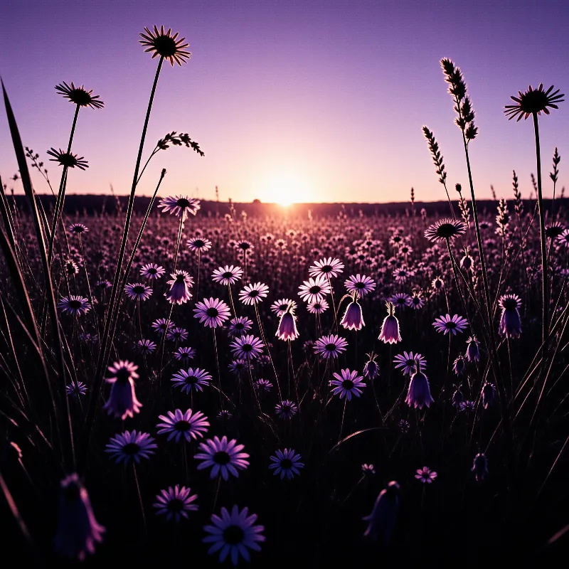 A field of purple wildflowers rises against a gradient sunset sky as the sun sits low on the horizon illuminating the scene with warm light that contrasts with the dark silhouettes of the tall grasses and blossoms in the immediate foreground.