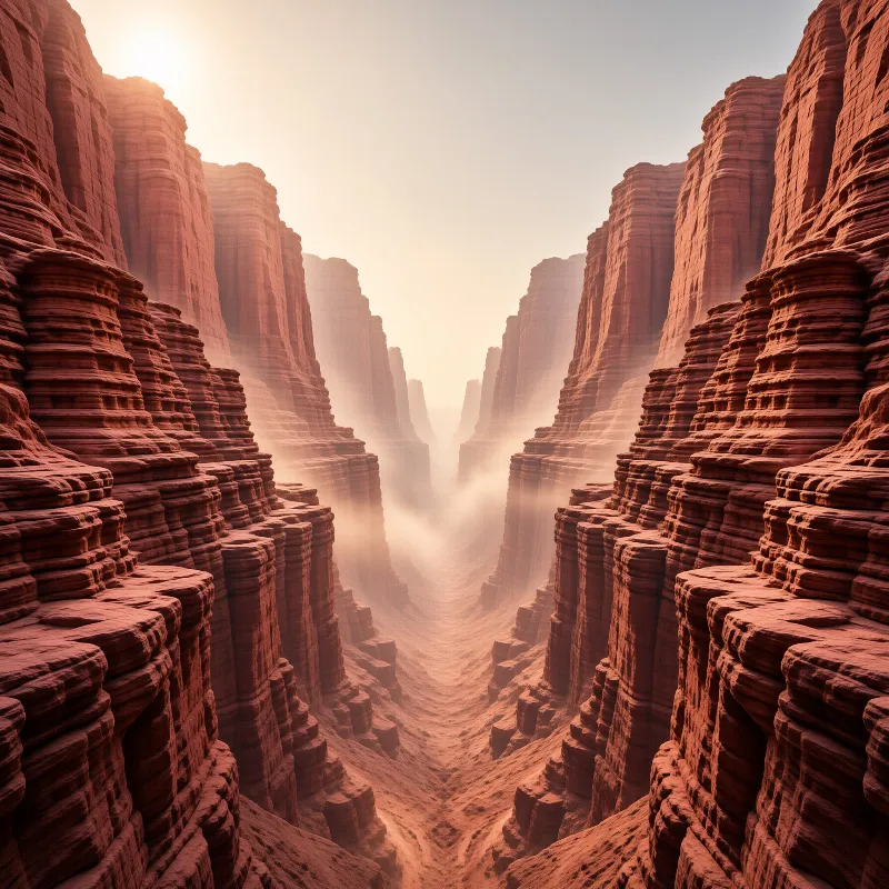 Reddish canyon walls stretch into a misty distance while warm sunbeams highlight the textured rock formations.