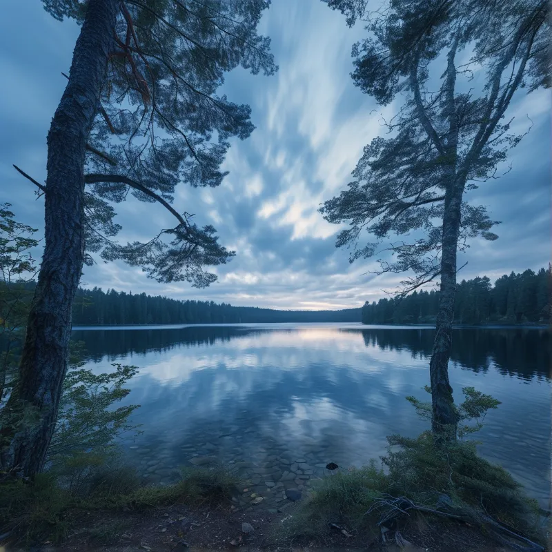 Two large pine trees frame a view of a calm lake reflecting a streaky blue sky at twilight.
