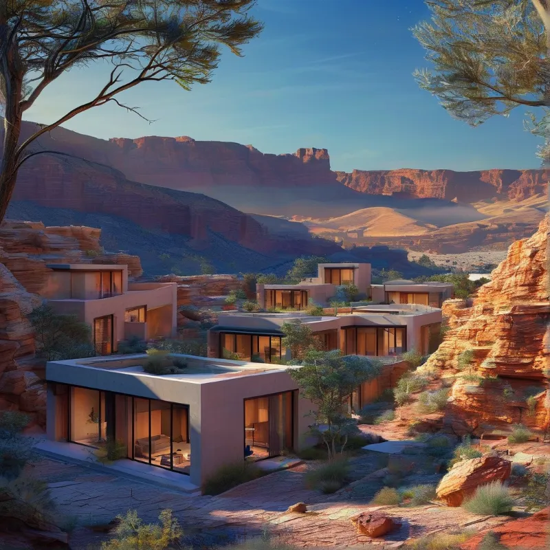 Modern buildings with large glass windows are nestled among red rock formations under a clear blue sky.