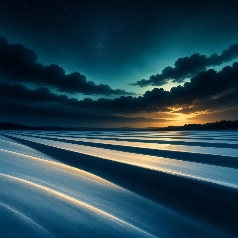 Parallel ridges of frozen lake stretch toward dark clouds lit gold by a low winter sun.