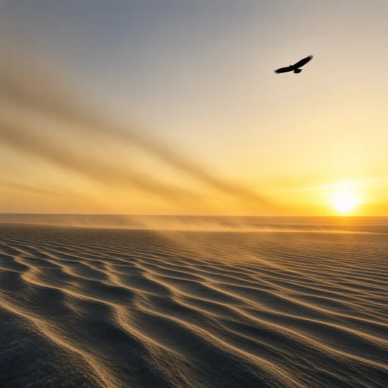 A bird in flight above rippled desert sands under a glowing sunset sky with soft haze near the horizon.