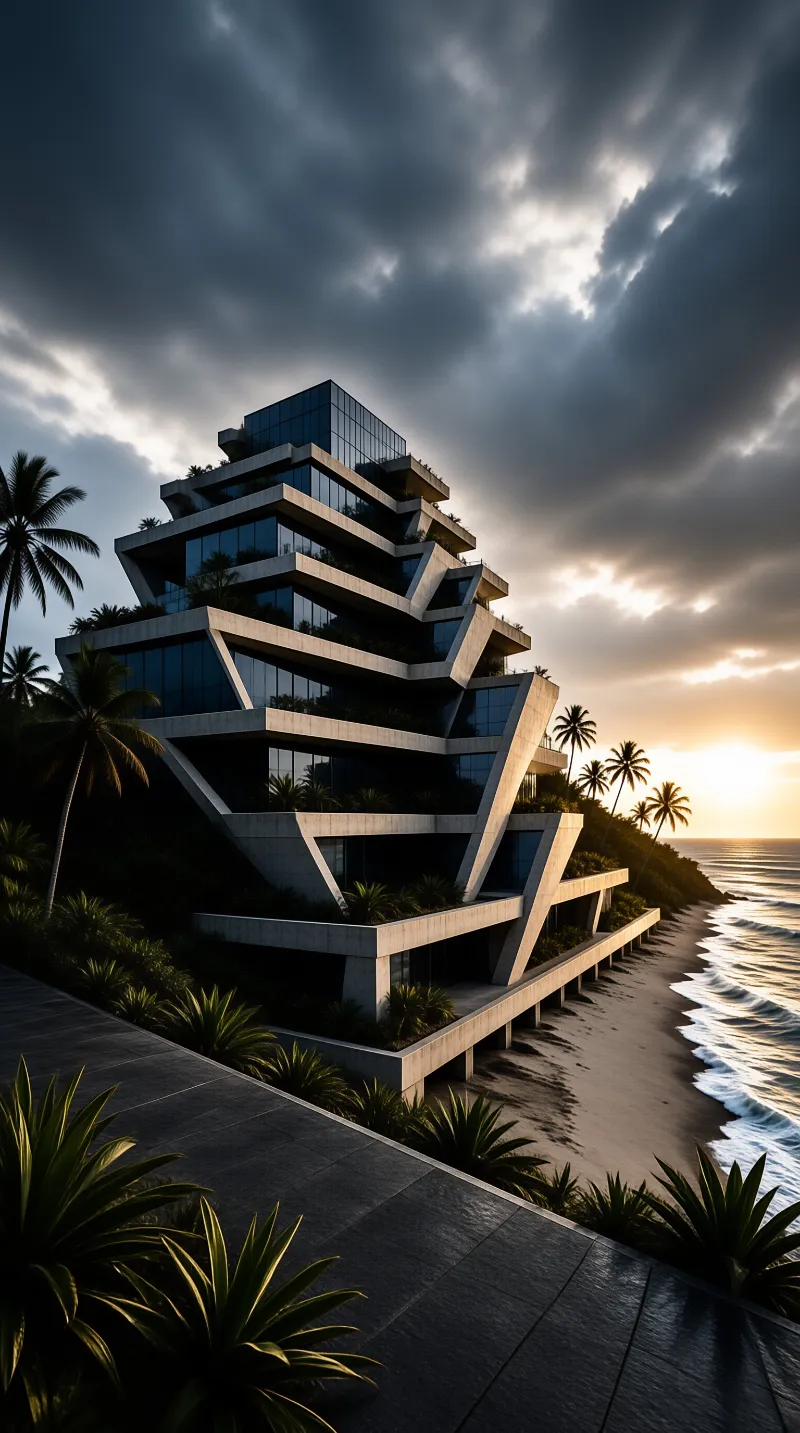 A multi-level concrete building with glass panels and greenery sits beside the ocean under dramatic clouds.