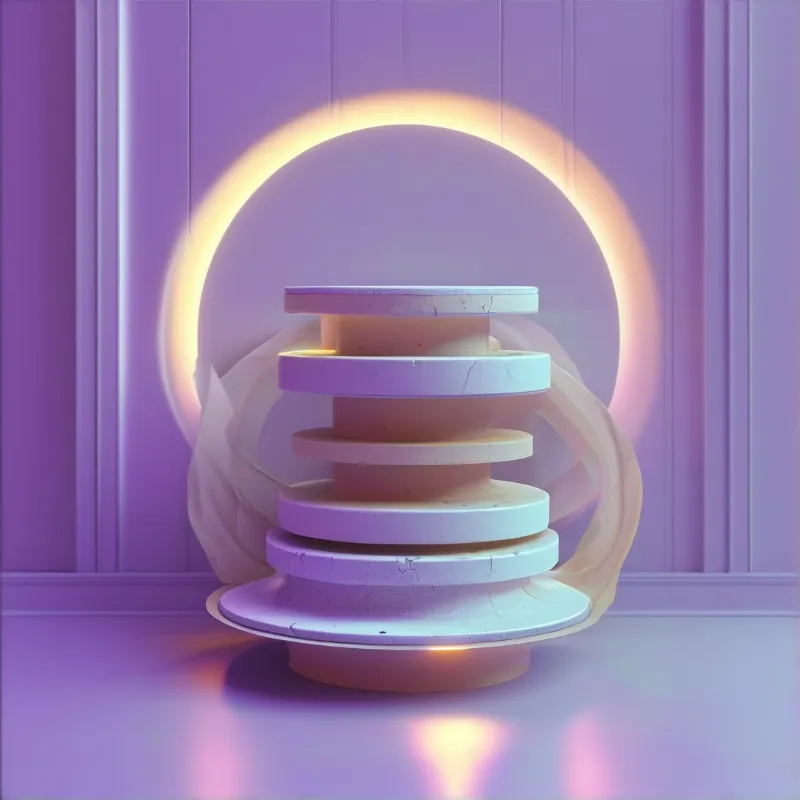 A stacked circular form rests centrally in a purple interior lit by a large warm circular halo behind the pastel layers.