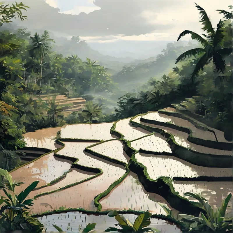 Aerial view of flooded rice terraces cascading through dense tropical jungle under an overcast sky