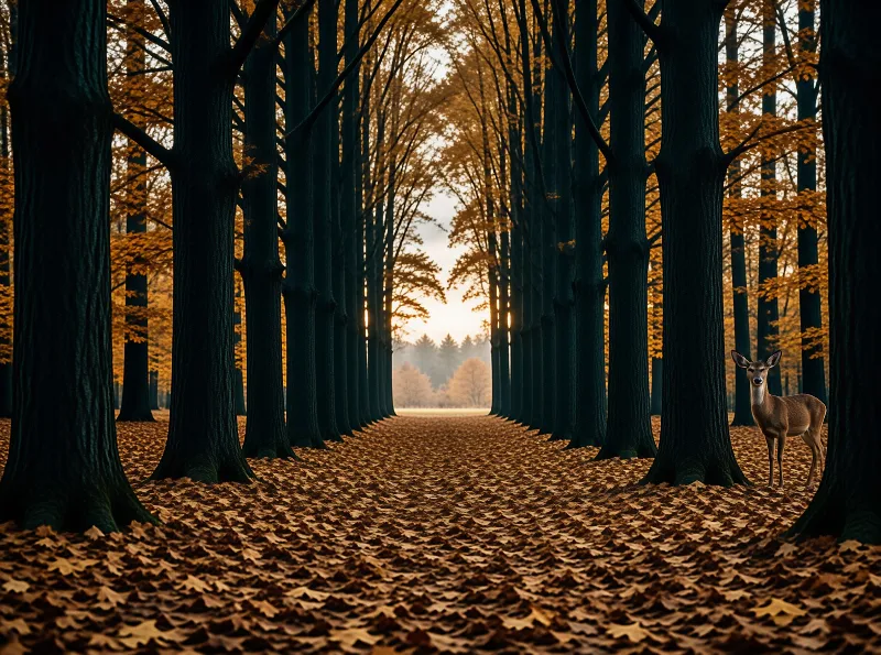 A young deer stands beside dark tree trunks in an avenue of oaks blanketed with golden fallen leaves at sunset.