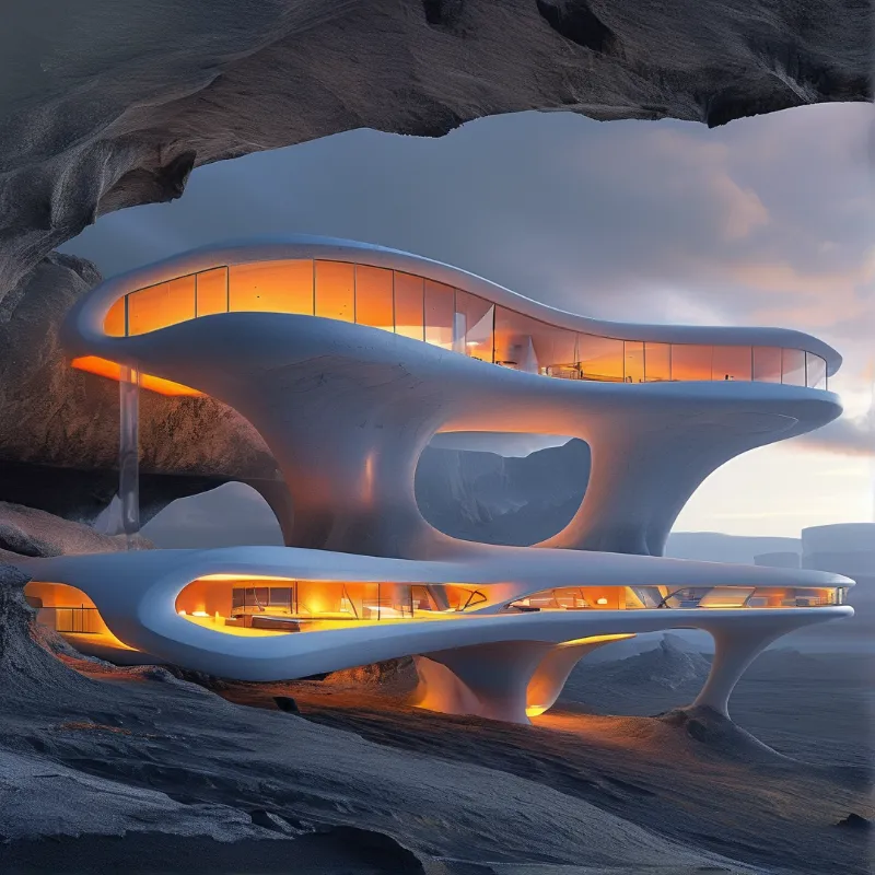 Smooth organic concrete levels curve around amber lit windows, sheltered beneath a dark stone overhang.
