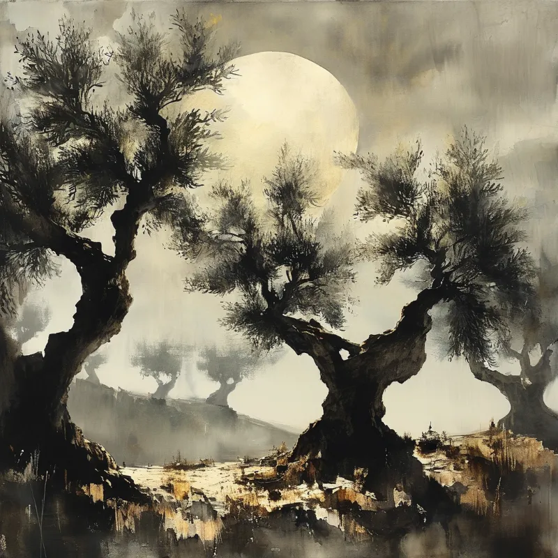 A twisted, dark tree trunk curves upwards while a large, luminous orb hangs in a cloudy, sepia-toned sky.