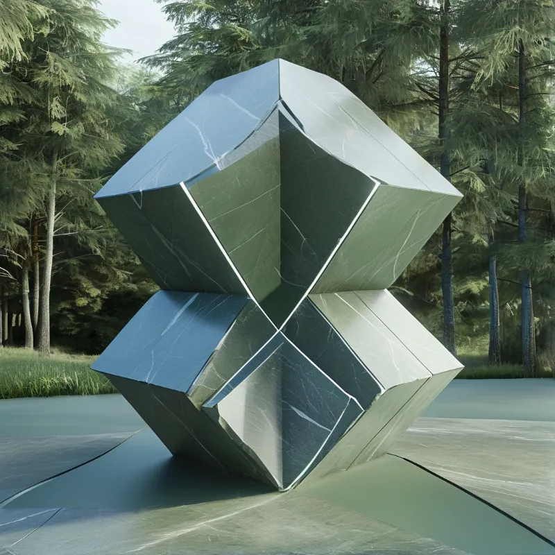 A large faceted metallic sculpture with greenish hues stands on a smooth platform amidst tall evergreen trees under soft daylight.