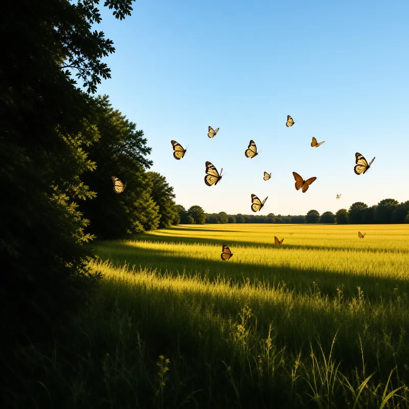 Orange butterflies fly above a sunlit grass field with dark trees on the left casting long shadows under a blue sky.
