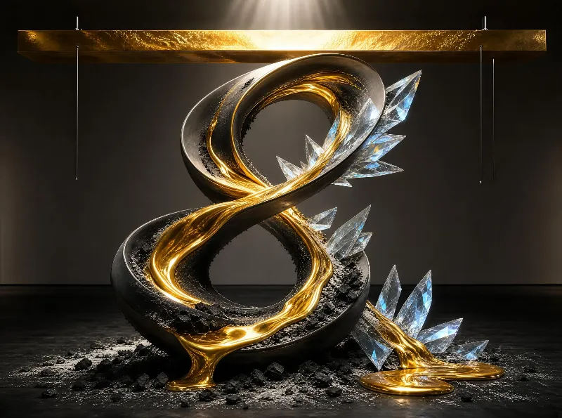 A modern sculpture with a twisted black metal structure holding golden liquid, surrounded by clear crystals, in a dark room with a warm overhead light