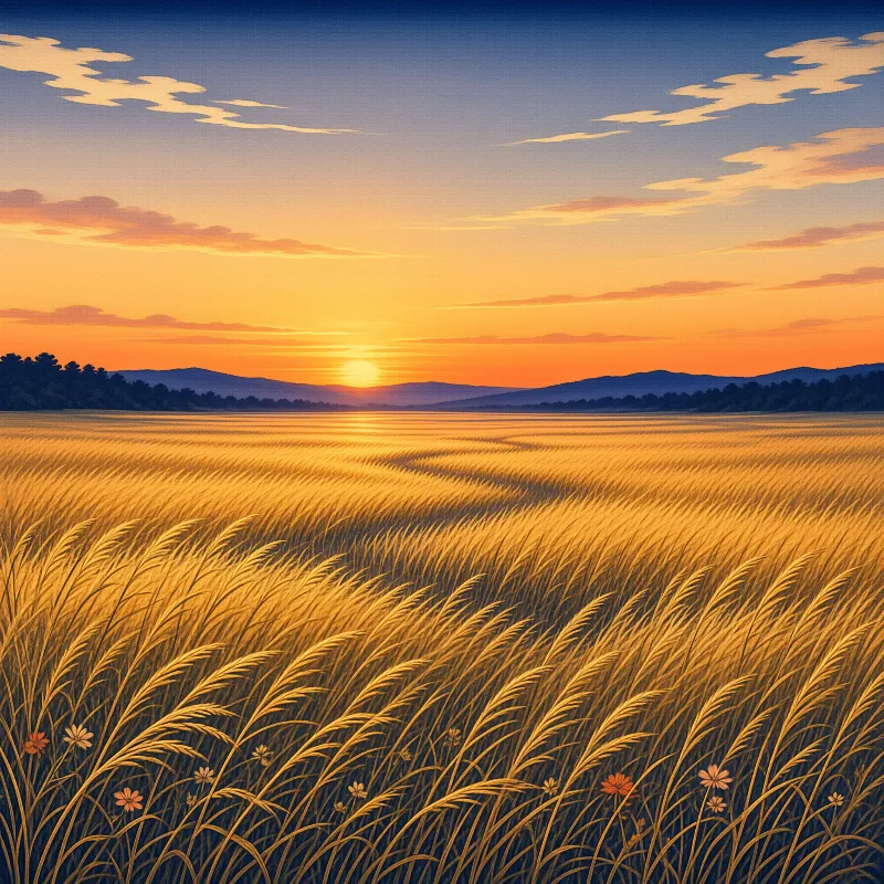 A vast expanse of golden grain stretches toward distant mountains beneath a colorful sunset sky.